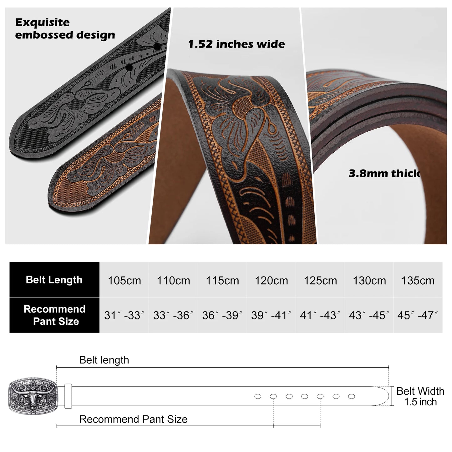 BISON DENIM Mens Belt Western Embossed Genuine Leather Men Cowboy Belts With Longhorn Bull Buckle Pattern Floral Belt For Men