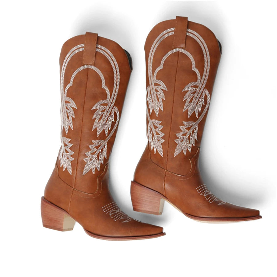 Meotina Women Knee High Cowboy Boots Pointed Toe Thick High Heels Embroidery Western Cowgirl Gogo Boots Ladies Fashion Shoes 43