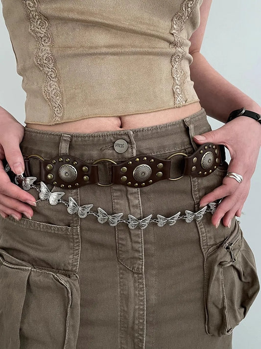Western Cowboy Belt For Women 2025 New American Vintage Brown Rivet Belt Versatile Denim Belt With Ins Style