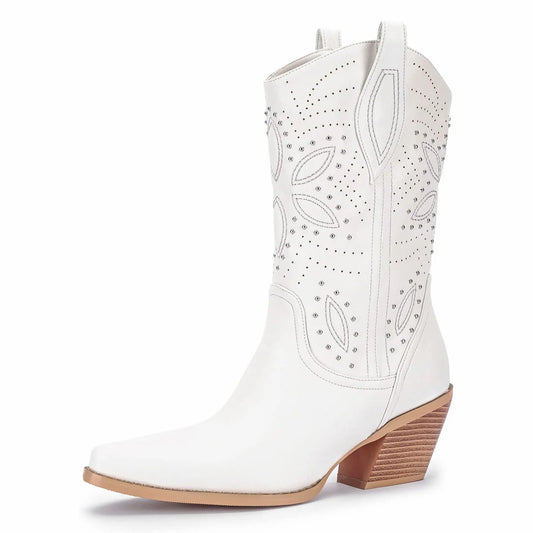 Women's Mid-Calf Cowboy Boots - Embroidered, Studded Rivets, Slip-On, Pointed Toe, Chunky Heel. Retro Classic