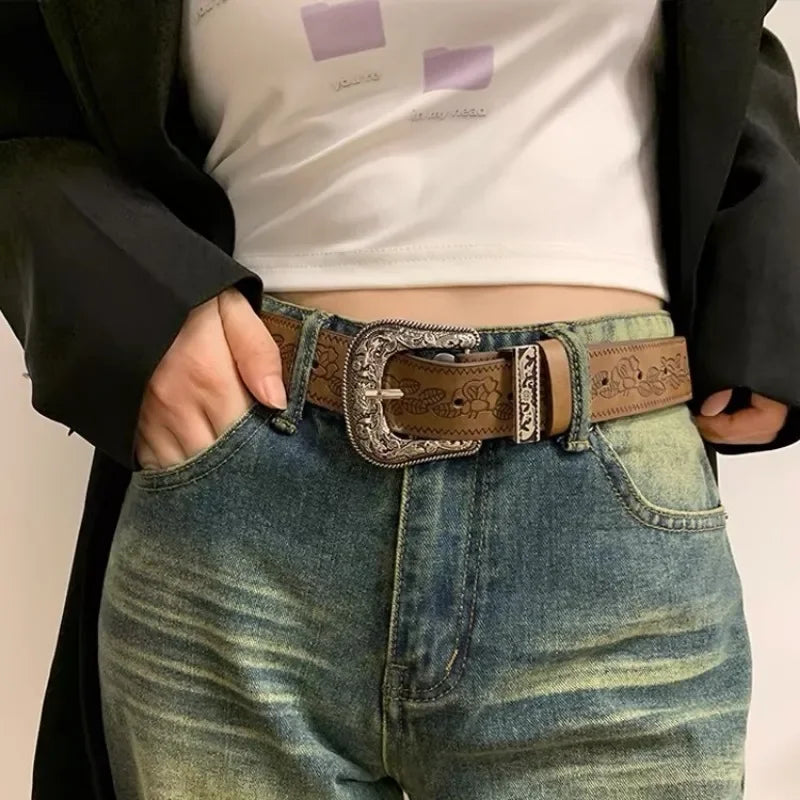 Y2K Pattern Print Belt Western PU Leather for Women Designer Brand Metal Buckle Pin Waist Belt Girls Hip Hop Fashion Waistband