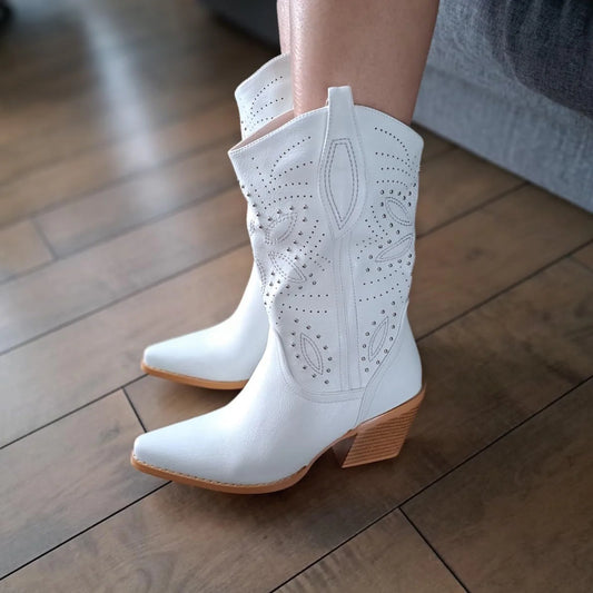 Women's Mid-Calf Cowboy Boots - Embroidered, Studded Rivets, Slip-On, Pointed Toe, Chunky Heel. Retro Classic