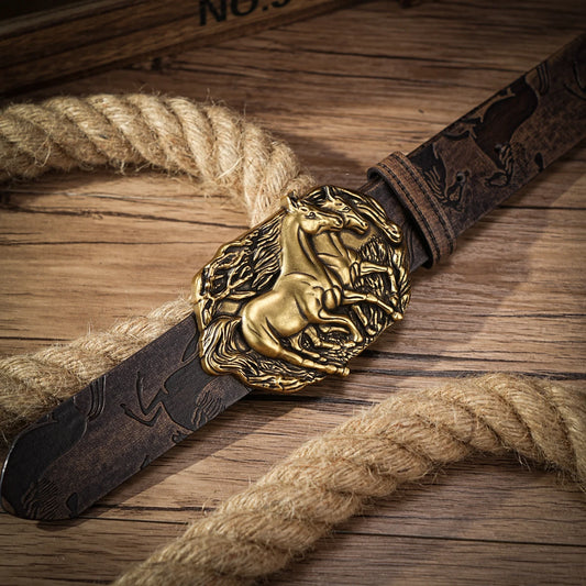 Western Cowboy PU Leather Belt - Men Waist Strap Bull Decoration Floral Engraved for Jeans