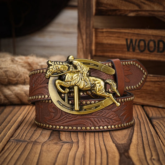 Men & Women-Western-Cowboy-PU Leather-Belts - Vintage horse Belt Floral Engraved Buckle Belt for Jeans