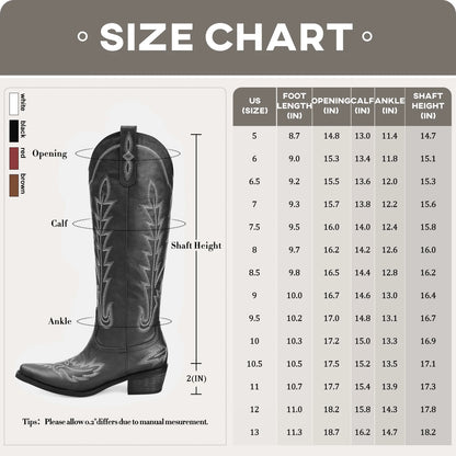 Women's Knee-High Cowboy Boots - Embroidered Western Cowgirl Boots, Pointed Toe, Chunky Heel, Pull-On Zipper, Vintage Style