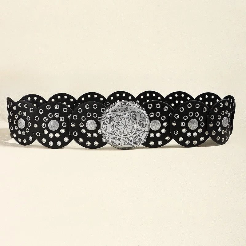 New Women's Western Denim Belt High Quality Metal Hollow Ladies Trend Wide Waistband Vintage Personalized Round Belts DT148