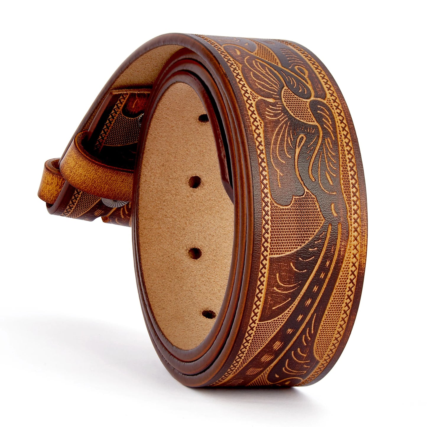 2024 High Quantity Western Leather Men Belts No Buckle Strap for Men Two Layer Embossed Cowhide Male Cowboy Belt Without Buckle