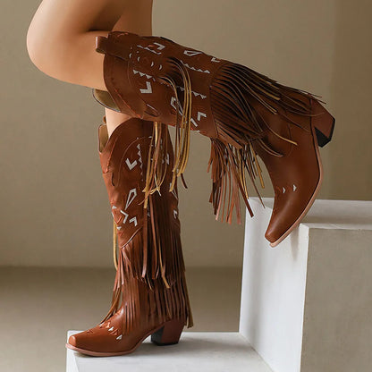 GIGIFOX Retro Tassel Embroidered Cowgirl Mid-Calf Women Western Boots Pointed Toe Chunky High Heel Cowboy Cool All-Match Shoes