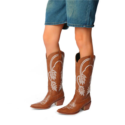 Meotina Women Knee High Cowboy Boots Pointed Toe Thick High Heels Embroidery Western Cowgirl Gogo Boots Ladies Fashion Shoes 43