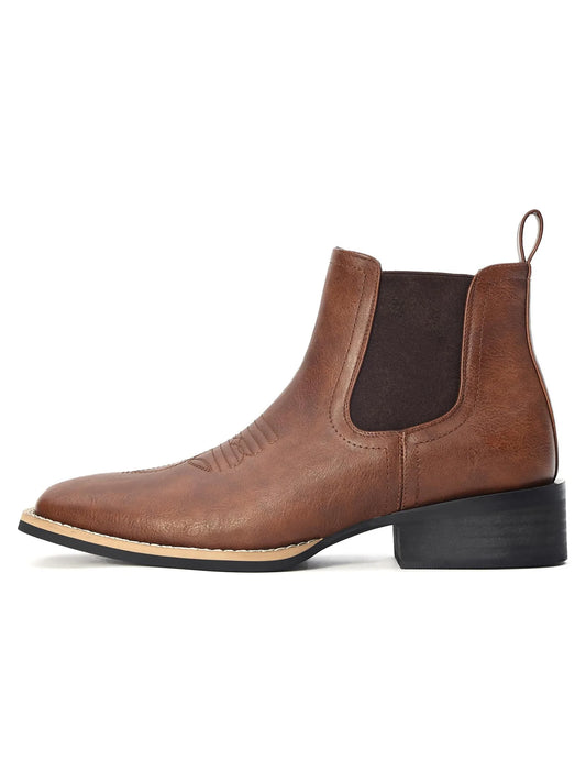 Western Cowboy Boots for Men - Mens Square Toe Chelsea Boots Ankle Cowboy Boots for Men Casual Retro Stylish Boots Brown