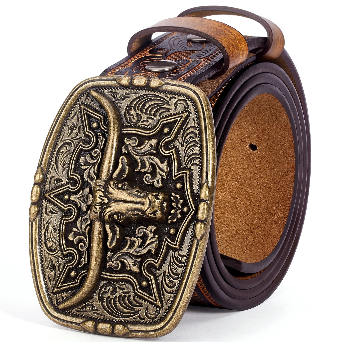 BISON DENIM Mens Belt Western Embossed Genuine Leather Men Cowboy Belts With Longhorn Bull Buckle Pattern Floral Belt For Men