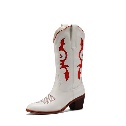 Women's Red Floral Embroidered Cowboy Boots - White Knee-High, Pink Toe, Chunky Heel. Fashionable Western Style