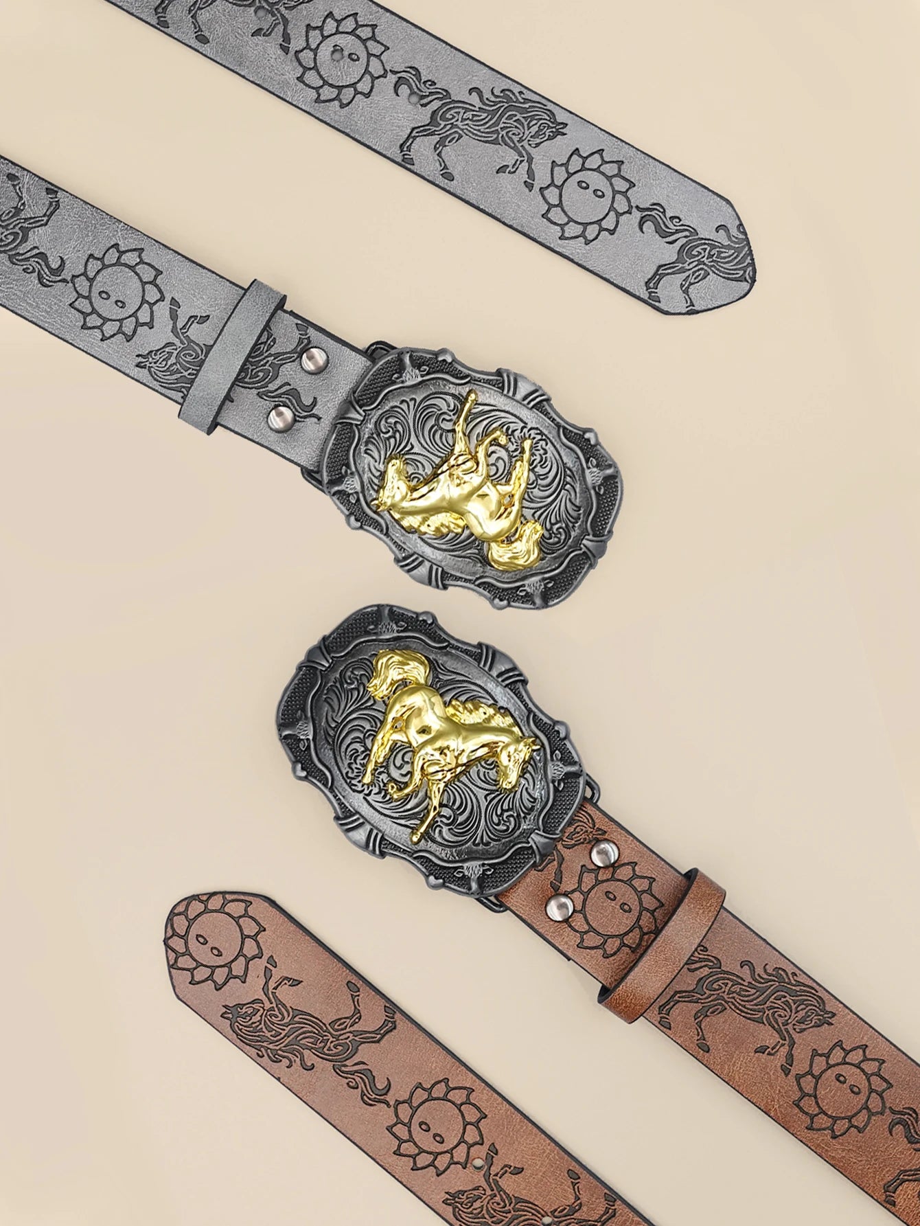 Western Cowboy Style Vintage Casual Belt - Horse Carved Buckle & Bohemian Print, Perfect for Daily Commute & Dating Outfits