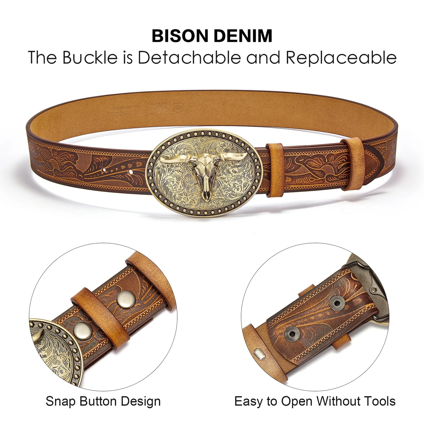 Men's Western Embossed Genuine Leather Belts with Golden Cowboy Longhorn Bull Buckle Belt Business Waist Straps For Men Droping