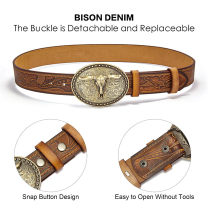 Men's Western Embossed Genuine Leather Belts with Golden Cowboy Longhorn Bull Buckle Belt Business Waist Straps For Men Droping