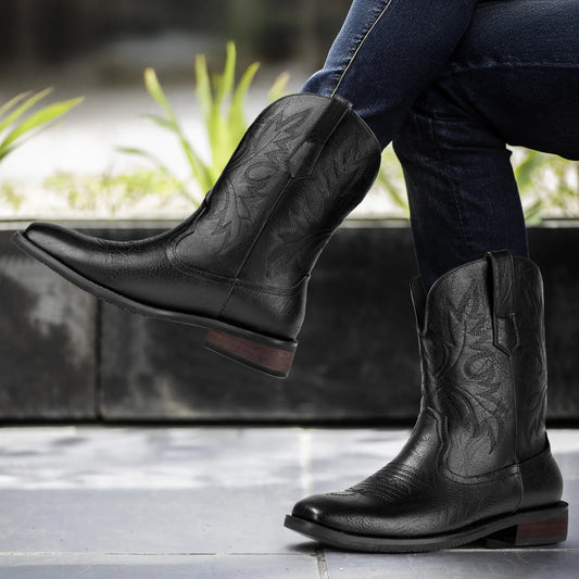 Men's Western Cowboy Boots: Classic Embroidered Slip-On with Square Toe – Durable Chunky Heel Ankle Boots for Spring & Fall