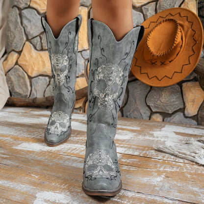 Women’s Embroidered Skull Cowboy Boots – Western Style, Slip-On Mid-Calf Boots, Chunky Heel, Pointed Toe, Vintage Rodeo Cowgirl