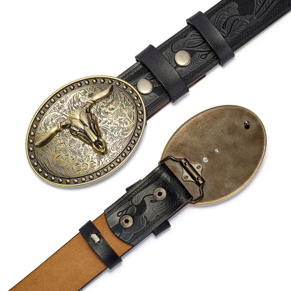 Men's Western Embossed Genuine Leather Belts with Golden Cowboy Longhorn Bull Buckle Belt Business Waist Straps For Men Droping