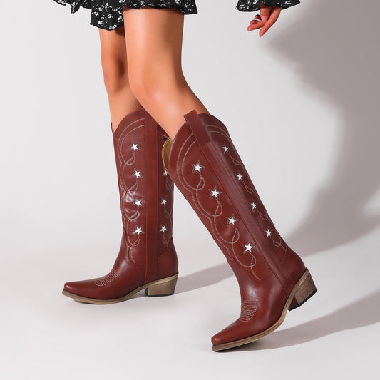 Party-Ready Red Cowboy Boots for Women: Knee-High with Star Embroidery, Chunky Block Heel & Pointed Toe – Pull-On Western Style