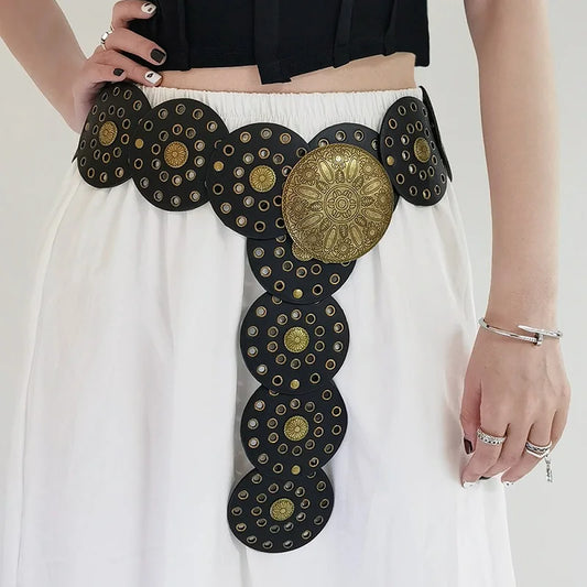 New Women's Western Denim Belt High Quality Metal Hollow Ladies Trend Wide Waistband Vintage Personalized Round Belts DT148