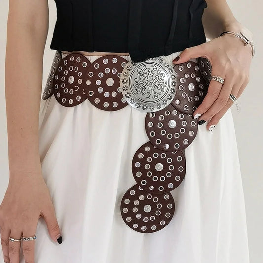 New Women's Western Denim Belt High Quality Metal Hollow Ladies Trend Wide Waistband Vintage Personalized Round Belts DT148
