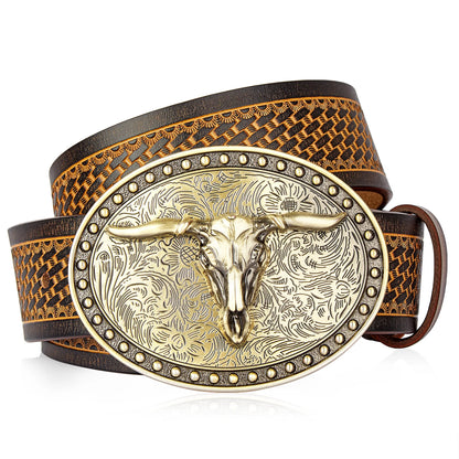 Men's Western Embossed Genuine Leather Belts with Golden Cowboy Longhorn Bull Buckle Belt Business Waist Straps For Men Droping