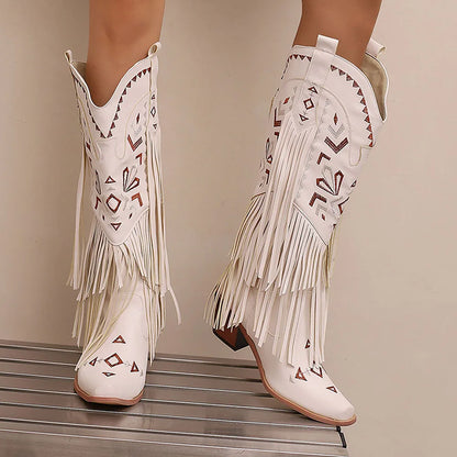 GIGIFOX Retro Tassel Embroidered Cowgirl Mid-Calf Women Western Boots Pointed Toe Chunky High Heel Cowboy Cool All-Match Shoes