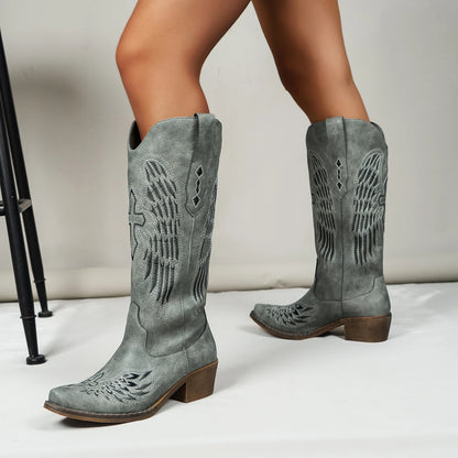 Chic Women's Embroidered Western Cowboy Boots – Angel Wings Design, Slip-On Mid-Calf Boots with Chunky Heel, Vintage Cowgirl Boo