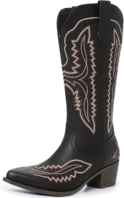Cowboy Boots for Women Western Cowgirl Square Toe boots Embroidery Chunky Heel Mid-Calf Boots