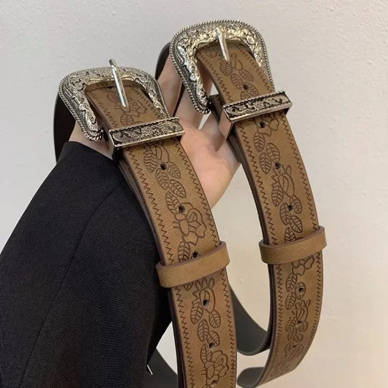 Y2K Pattern Print Belt Western PU Leather for Women Designer Brand Metal Buckle Pin Waist Belt Girls Hip Hop Fashion Waistband
