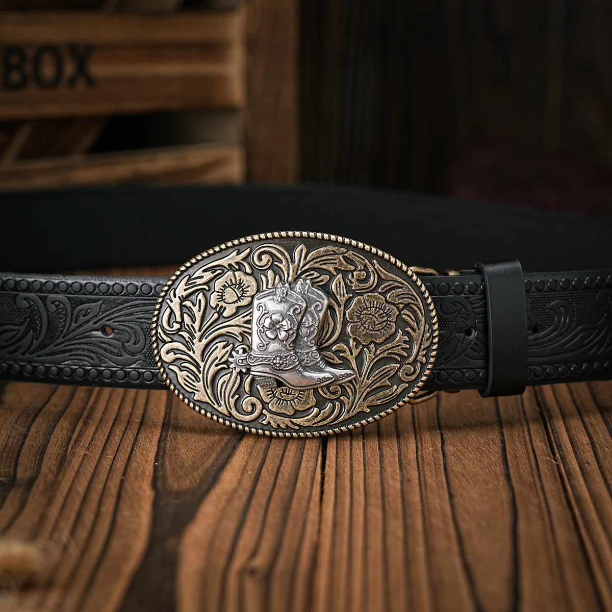 Men & Women-Western-Cowboy-PU Leather-Belts - Vintage Belt Floral Engraved Buckle Belt for Jeans