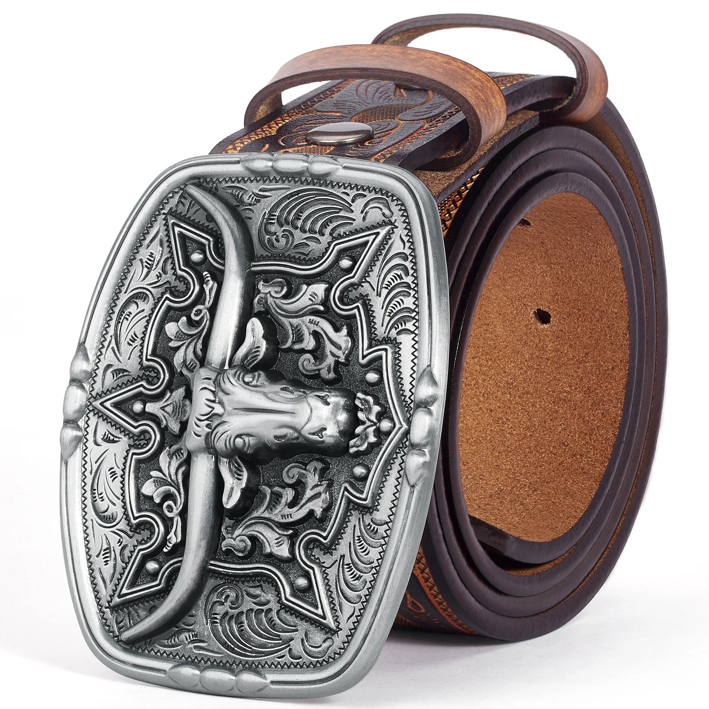 BISON DENIM Mens Belt Western Embossed Genuine Leather Men Cowboy Belts With Longhorn Bull Buckle Pattern Floral Belt For Men