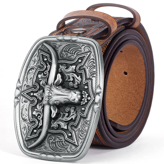 BISON DENIM Mens Belt Western Embossed Genuine Leather Men Cowboy Belts With Longhorn Bull Buckle Pattern Floral Belt For Men