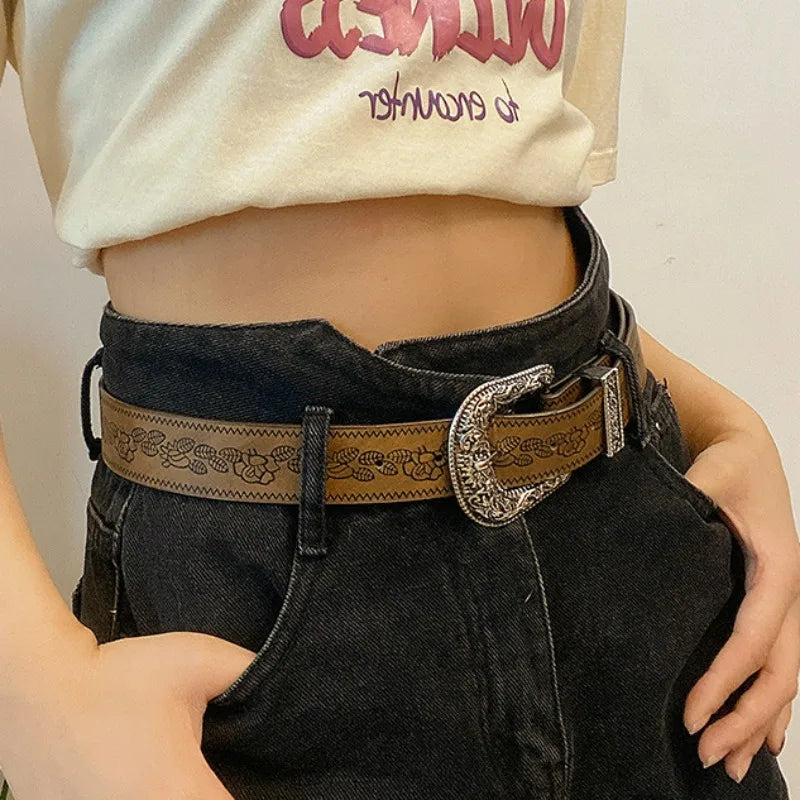 Y2K Pattern Print Belt Western PU Leather for Women Designer Brand Metal Buckle Pin Waist Belt Girls Hip Hop Fashion Waistband