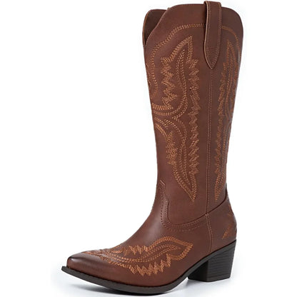 Cowboy Boots for Women Western Cowgirl Square Toe boots Embroidery Chunky Heel Mid-Calf Boots
