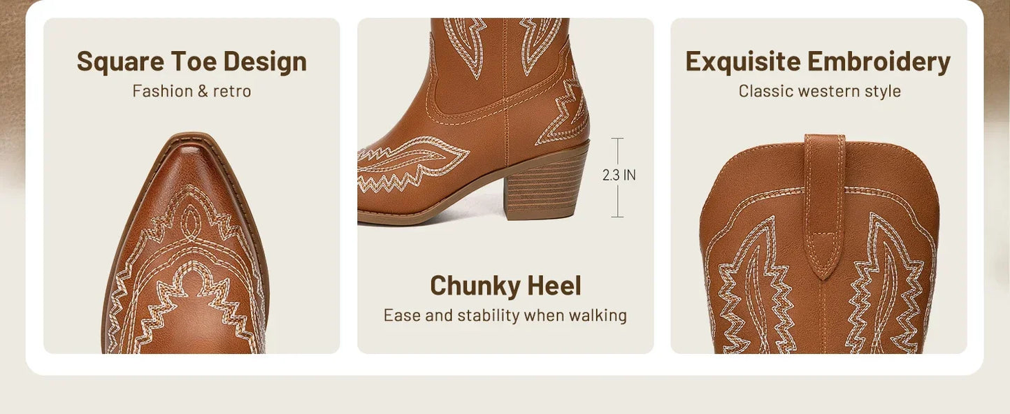 Cowboy Boots for Women Western Cowgirl Square Toe boots Embroidery Chunky Heel Mid-Calf Boots