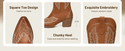Cowboy Boots for Women Western Cowgirl Square Toe boots Embroidery Chunky Heel Mid-Calf Boots