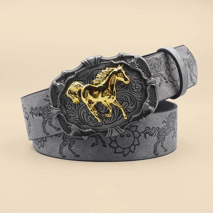 Western Cowboy Style Vintage Casual Belt - Horse Carved Buckle & Bohemian Print, Perfect for Daily Commute & Dating Outfits