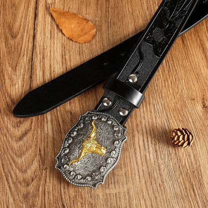 New Men's Western Cowboy Belt - Cool Handsome Black Faux Leather with Embossed Design and Stylish Alloy Buckle men belt