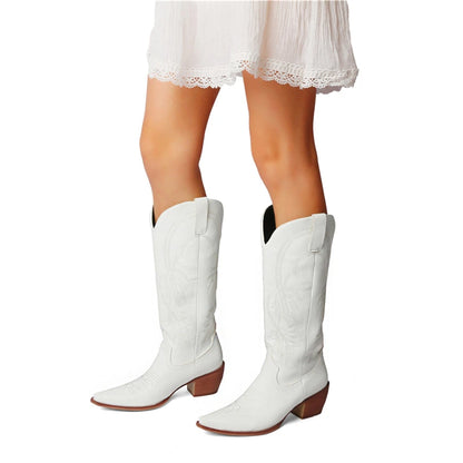 Meotina Women Knee High Cowboy Boots Pointed Toe Thick High Heels Embroidery Western Cowgirl Gogo Boots Ladies Fashion Shoes 43
