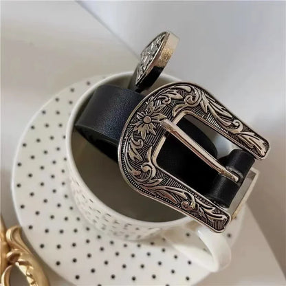 Y2K Pattern Print Belt Western PU Leather for Women Designer Brand Metal Buckle Pin Waist Belt Girls Hip Hop Fashion Waistband
