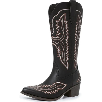 Cowboy Boots for Women Western Cowgirl Square Toe boots Embroidery Chunky Heel Mid-Calf Boots