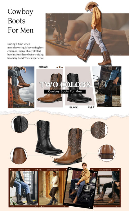Men's Western Cowboy Boots: Classic Embroidered Slip-On with Square Toe