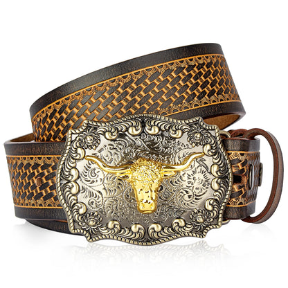 Men's Western Embossed Genuine Leather Belts with Golden Cowboy Longhorn Bull Buckle Belt Business Waist Straps For Men Droping