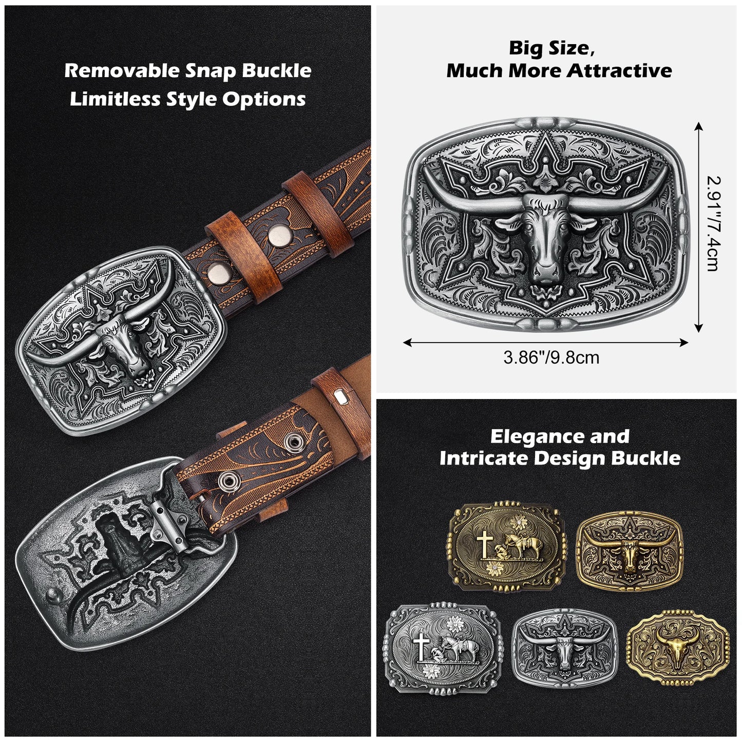 BISON DENIM Mens Belt Western Embossed Genuine Leather Men Cowboy Belts With Longhorn Bull Buckle Pattern Floral Belt For Men