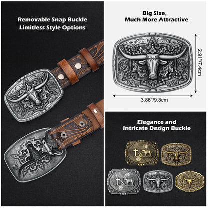 BISON DENIM Mens Belt Western Embossed Genuine Leather Men Cowboy Belts With Longhorn Bull Buckle Pattern Floral Belt For Men