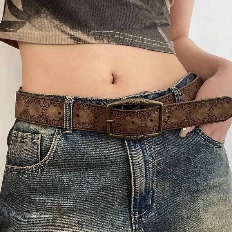 Y2K Pattern Print Belt Western PU Leather for Women Designer Brand Metal Buckle Pin Waist Belt Girls Hip Hop Fashion Waistband