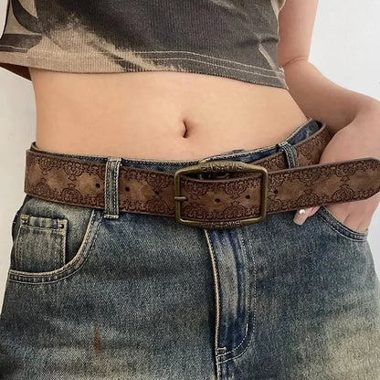 Y2K Pattern Print Belt Western PU Leather for Women Designer Brand Metal Buckle Pin Waist Belt Girls Hip Hop Fashion Waistband