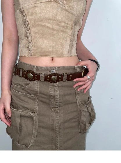Western Cowboy Belt For Women 2025 New American Vintage Brown Rivet Belt Versatile Denim Belt With Ins Style