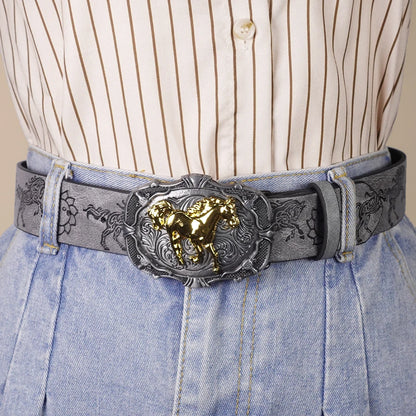 Western Cowboy Style Vintage Casual Belt - Horse Carved Buckle & Bohemian Print, Perfect for Daily Commute & Dating Outfits
